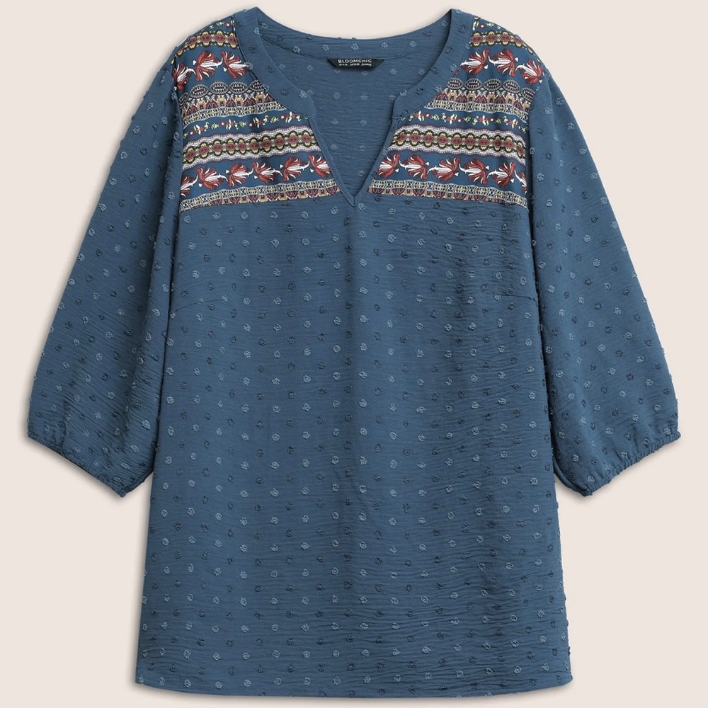 Boho Print Patchwork Texture Notched Blouse